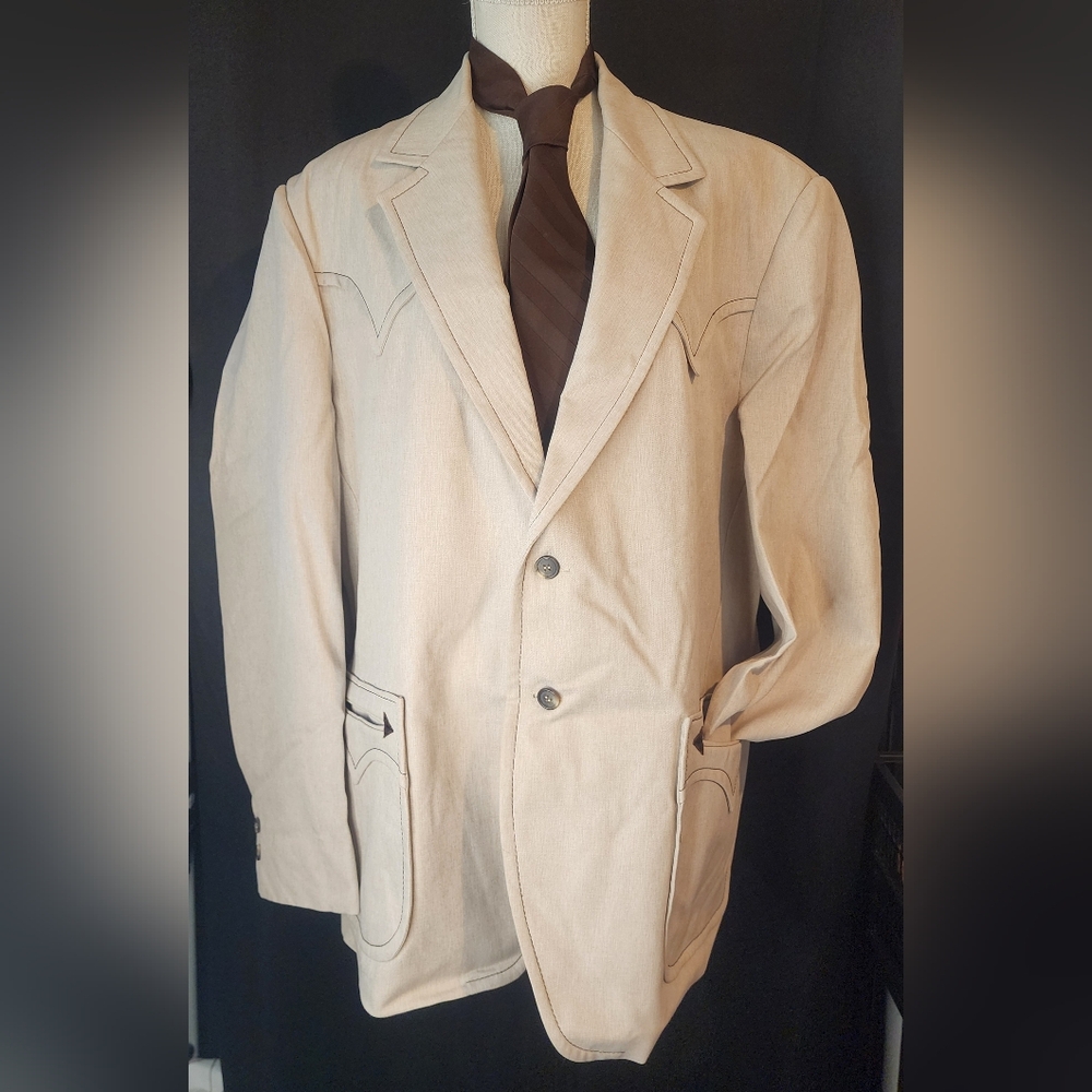 Tregos Western Tan Woodward Oklahoma Brown Stitch Blazer with Tie